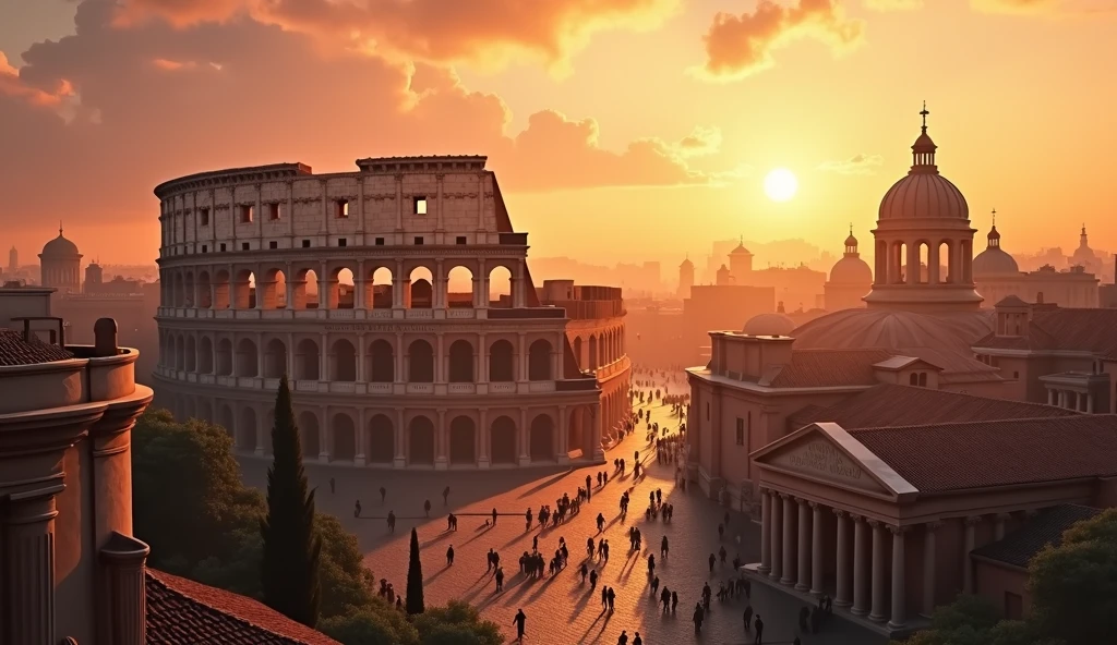This image portrays a majestic ancient cityscape at sunset. The architecture suggests it is a depiction of ancient Rome, with the iconic Colosseum prominently featured in the center. The buildings surrounding the Colosseum are classical, with columns and domes typical of Roman architecture. The sky is painted in warm hues of orange and gold as the sun sets on the horizon, casting a soft, golden glow over the city. The overall atmosphere is serene yet grand, evoking a sense of historical grandeur and timeless beauty.