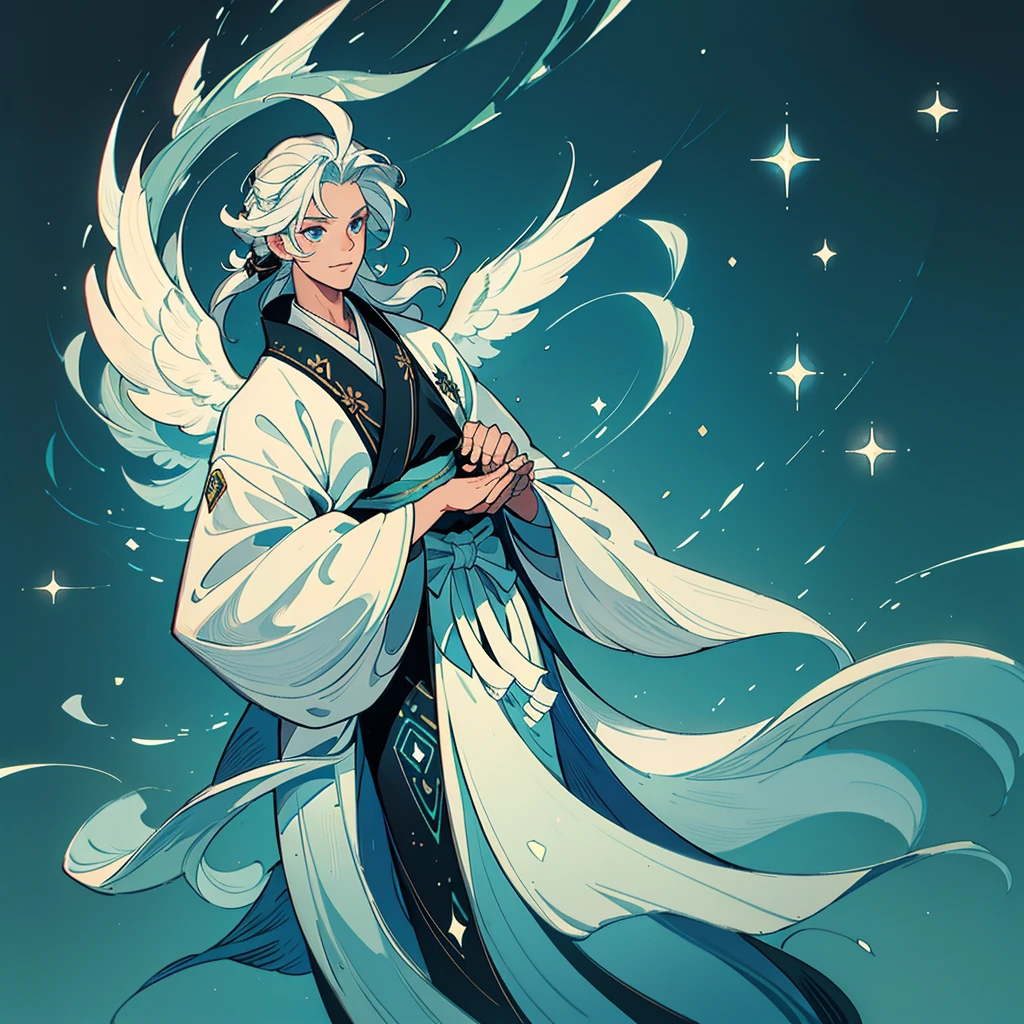 Male deity with black skin and white mullet hair. Bright sky blue eyes. Green branches with elongated leaves. Long, wavy tail of dark blue with green sparkles resembling a starry night sky, a large pair of wings. mystical atmosphere, naturey, delicate brushwork, magical scenery, Peaceful and serene. Kimono coat, black sweater with sleeves. detailed clothing. forest background (best qualityer, high resolution, ultra detali).