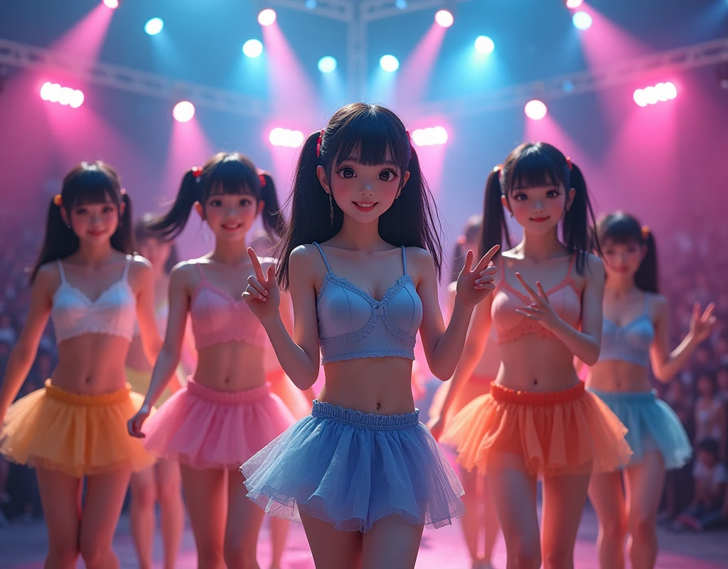 masterpiece, ((Highest quality))、Idol Concert、(three cute naked girls、A good friend、sing、dance、kawaii:1.4、12 years old、smile:1.3、smile、Mr.々Hair style、pubic hair)、(((Full nudity、tits、Pussy)))、(Realistic and detailed skin texture、Idol's clothes:1.2、hair ornaments、Concert Stage)
