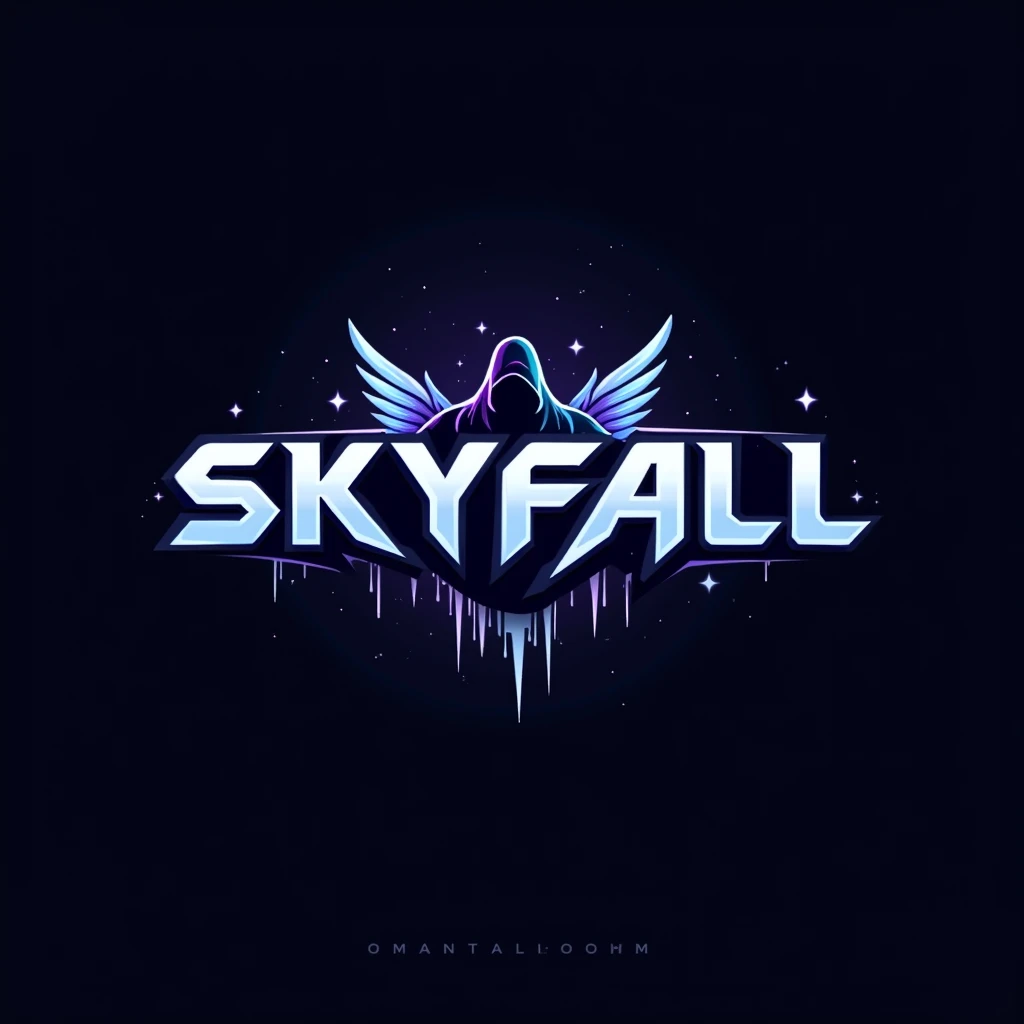 "Create a gaming logo for 'SKYFALL' that embodies mystery and power. The design should use a color palette of midnight blue, black, and accents of neon purple or electric blue, evoking a sense of the night sky and cosmic energy. Use a bold, futuristic font with a sleek and angular design to convey strength and agility. The text should be prominent but not overly complex.Incorporate visual elements that suggest the concept of 'falling from the sky,' such as abstract silhouettes of meteors, lightning bolts, or cascading stars. Consider adding a subtle, shadowy figure or wings to enhance the sense of mystery. The overall look should be edgy and sophisticated, appealing to a gaming audience that values both style and intensity. The logo should be versatile, making a strong impression on digital platforms like Twitch, YouTube, and esports team branding."