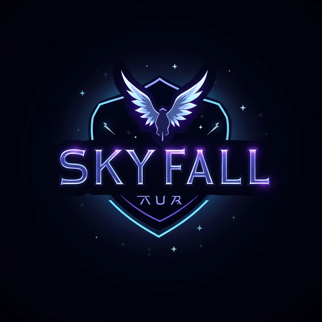 "Create a gaming logo for 'SKYFALL' that embodies mystery and power. The design should use a color palette of midnight blue, black, and accents of neon purple or electric blue, evoking a sense of the night sky and cosmic energy. Use a bold, futuristic font with a sleek and angular design to convey strength and agility. The text should be prominent but not overly complex.Incorporate visual elements that suggest the concept of 'falling from the sky,' such as abstract silhouettes of meteors, lightning bolts, or cascading stars. Consider adding a subtle, shadowy figure or wings to enhance the sense of mystery. The overall look should be edgy and sophisticated, appealing to a gaming audience that values both style and intensity. The logo should be versatile, making a strong impression on digital platforms like Twitch, YouTube, and esports team branding."