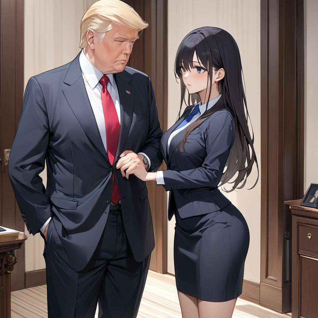 ((Highest quality)), ((masterpiece)), (detailed), （Perfect Face）、The woman is Reika Aoki with semi-long hair、The woman is a secretary to the president of a large company, wearing a high-end suit and a high-end long tight skirt, and is standing close to the president.、The president is holding the woman&#39;s waist with one hand.