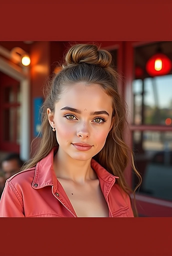 An Arafed woman in a pink top and denim shorts stands in front of a building, brown hair and a perfect body, black tshirt, beautiful body and face, perfect body, flat torso, portrait of Sophie Mudd, young and sweet girl, sexy girl, 2, girl model, sexy girl wearing blue jeans, perfect body and face, nice young girl