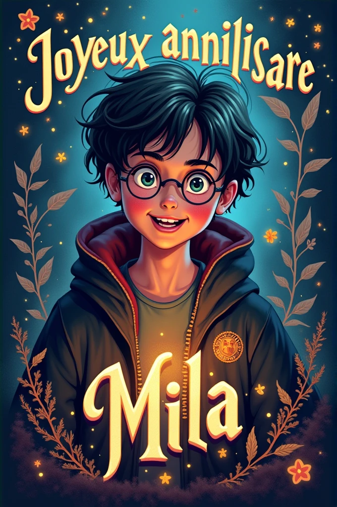 Crer une affiche d'anniversaire de Harry Potter qui fête l'anniversaire de Mila. il lui écrit : "Joyeux anniversaire Mila"