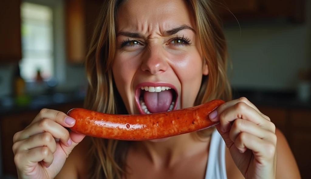 put sausage in mouth,orgasm painful expression,Heaps of sausages in both hands,muscular fat woman Eating penis shaped sausage battle contest, ((kitchen stadium)),