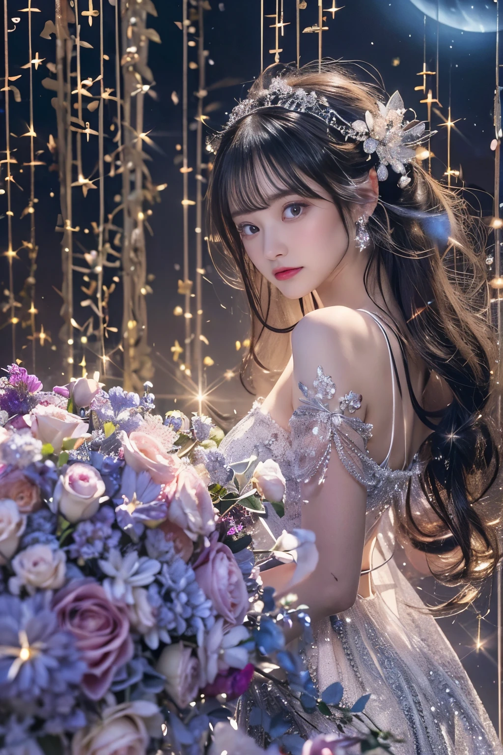 (((black dress))),starlight, star, hanging crystals, 1 girl, black hair, side bangs, long hair, tiara, crystal beads on the dress, royal place, hanging flowers, candle light, beautiful flowers in beautiful flower pots, moonlight, sky, lots of stars in the sky, moon in the sky,(1 beautiful Japanese idol, 20 years old), perfect body, Detailed beautiful delicate face, Detailed beautiful delicate eyes and eye highlights, Very thin and delicate eyelashes that are not too long, (finely detailed beautiful blown big eyes and detailed face), natural makeup, slender face, (lustrous skin, realistic detailed skin), (looking at viewer:1.2),masterpiece, (best quality:1.2), 8k, RAW photo, (Realistic, hyper realistic, photorealistic:1.3), Ultra High Res, intricate details, ultra detailed, High quality texture, distinct image