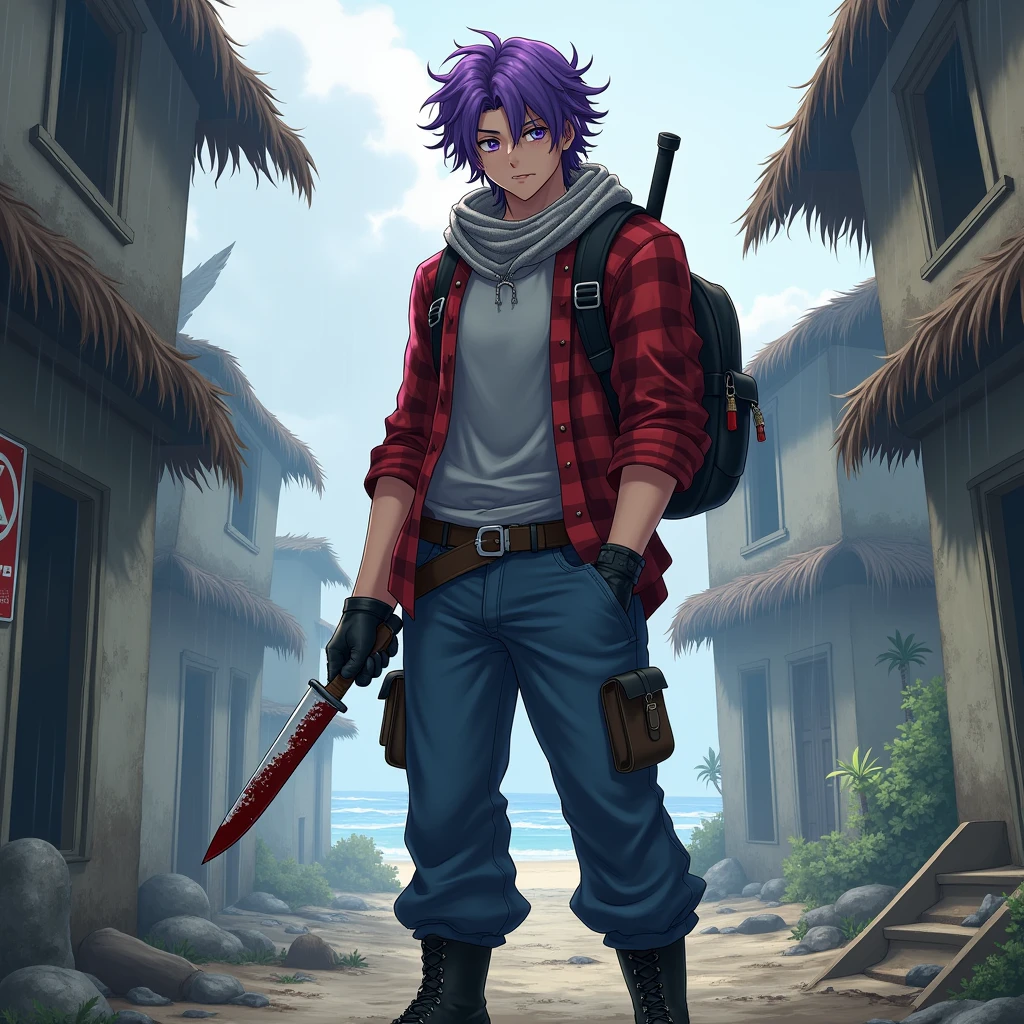 Anime Guy, slightly inflated,  2, purple eyes and purple curly hair, wears black boots, loose jeans, leather gloves, red checkered shirt, gray sweatshirt that is unbuttoned, there is a black backpack hanging on his back, in his right hand is a knife with a blade covered in blood from killing zombies, He has a leather holster hanging on his right hip, ruined tropical village in the background, light fog, rain, additional leather pouches hang on the belt, On the wall of one of the tropical houses there is a biohazard sign, beach , there is a bordered cloth scarf on the neck 