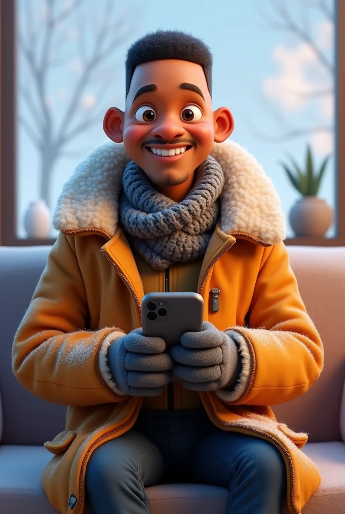 Cartoon portrait of Will Smith as in Pixar, with cold clothes, holding a smartphone, sitting down on chair