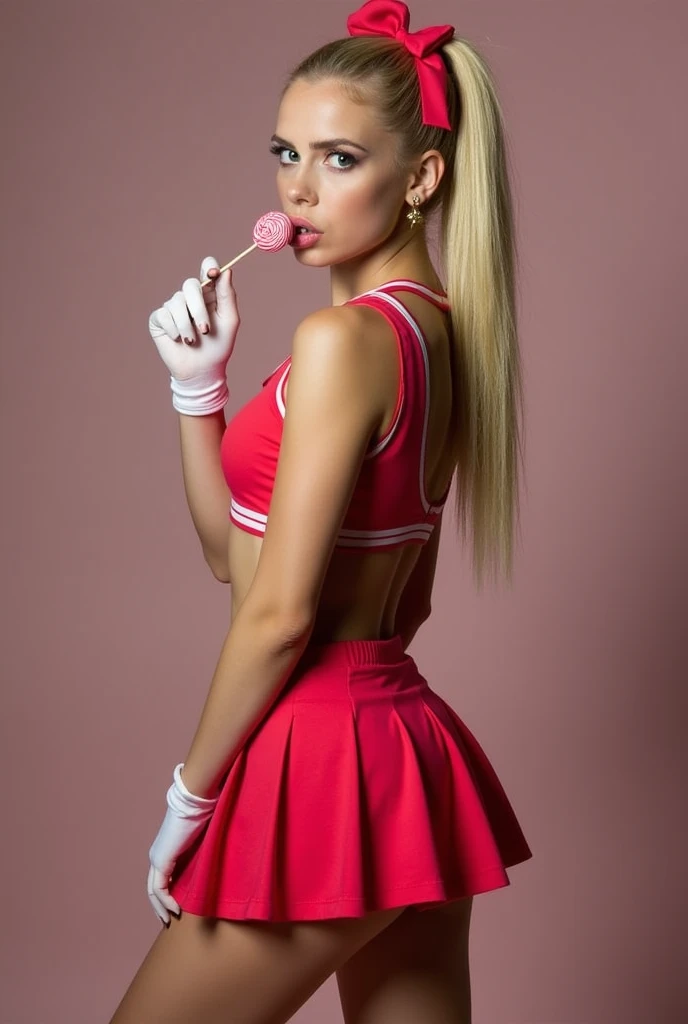 Brittany embodies the ultimate cheerleader fantasy with a twist. Her blonde hair is styled in high pigtails tied with crimson ribbons matching her scandalously short pleated skirt. The snug fit of her top accentuates her curves, leaving little to the imagination. White knee socks and sneakers complete her look. Brittany's makeup is heavy on the pink lipgloss and eyeliner, enhancing her youthful features. She exudes an air of innocence and seduction, her eyes sparkling with mischief as she sucks suggestively on a lollipop, hinting at the naughty secrets lurking beneath her sweet exterior.