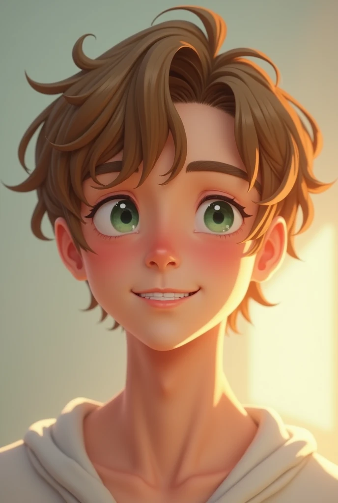Male teenager with short wavy golden brown hair and light green eyes 