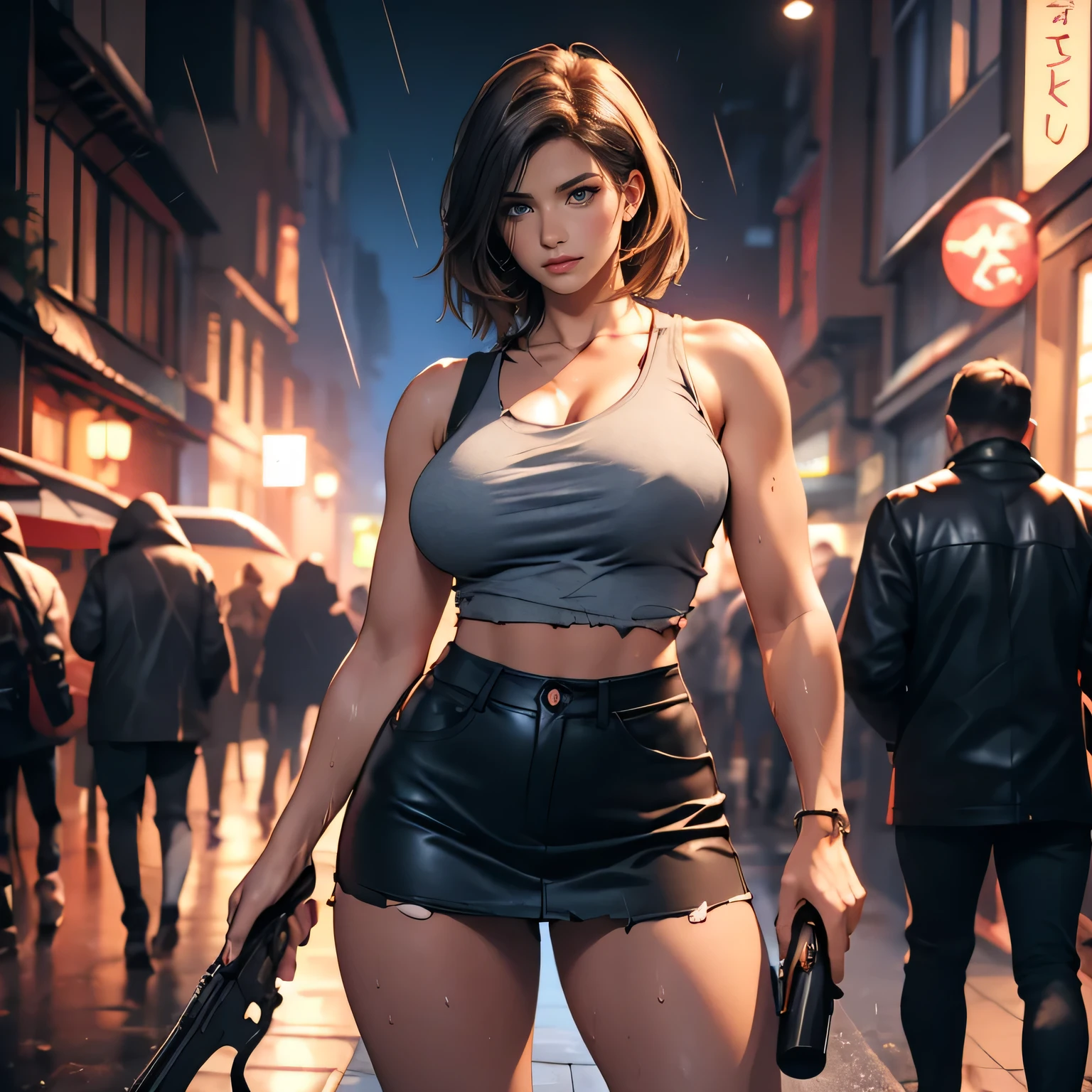 Pretty Caucasian (female), Sarah Shahi, a slim but muscular body, huge breasts, dark brown messy hair, blue eyes, Jill Valentine look, short hair, blue tank top, torn clothing, leather micro miniskirt, ultra miniskirt, huge breasts, exposed beautiful thighs, slim waist, wide hips, high waist, serious expression, hard nipple, breasts about to burst of her clothing, Resident Evil, zombie apocalypse background, at night, rain, wet clothes, Holding a rifle in both hands, best quality, masterpiece, intricate details, tone mapping, sharp focus, hyper detailed, trending on Art station, realistic, (looking at viewer:1.3), shooting gun,spread thighs, well exposed thighs