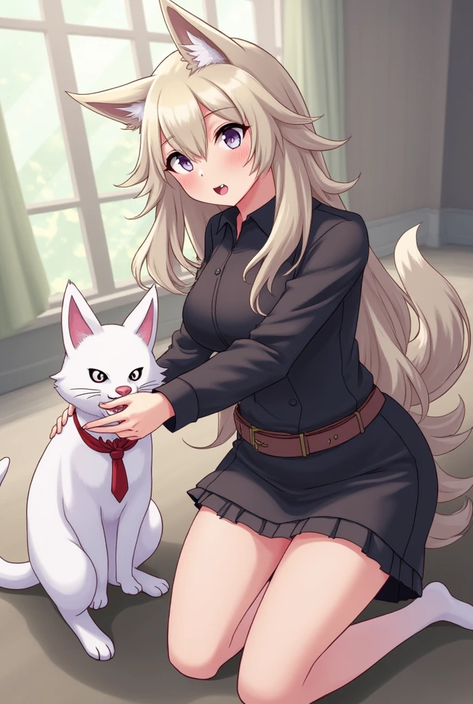 A female human wolf in anime form, with a short skirt, a short black blouse, licking the sharp teeth, with a white cat girl cleaning her feet