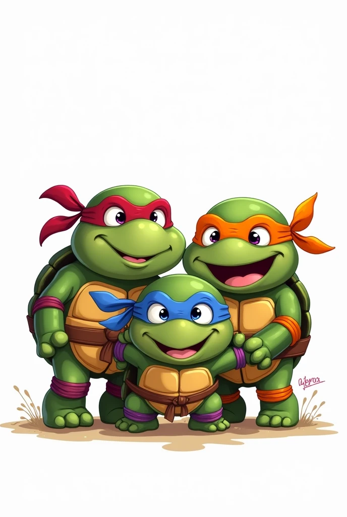 create a 4 cute ninja turtles, bands red, purple, blue and orange, white background