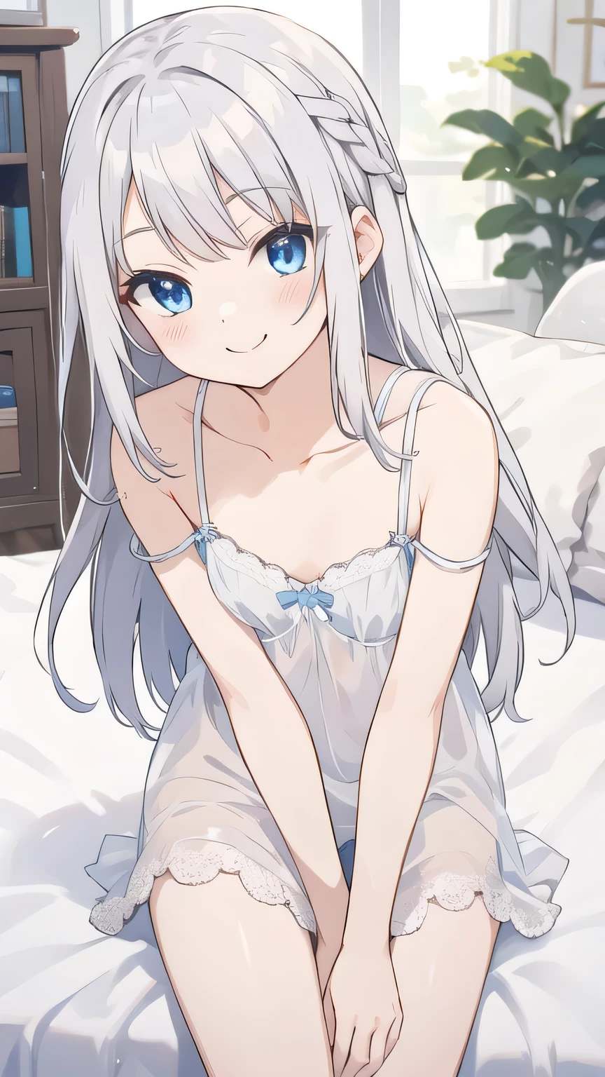 cute girl, anime, silver hair, bun hair, Blue eyes, indoor, negligee