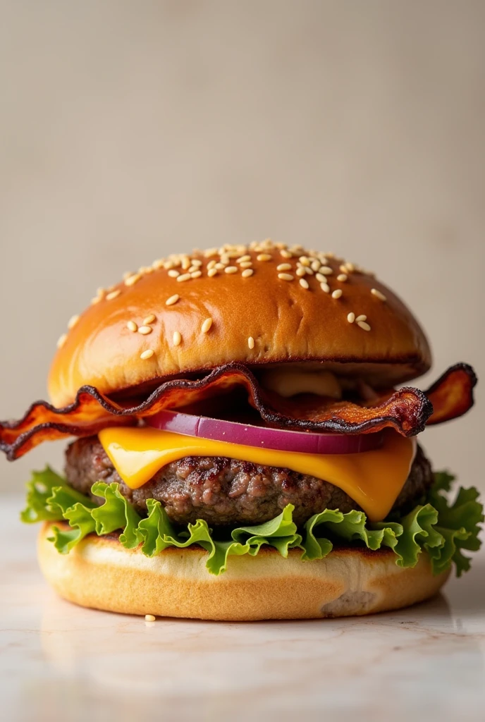 backgroundless image containing a gourmet burger with only one meat, sliced cheddar cheese and bacon strips. crispy bread. without lettuce and tomato