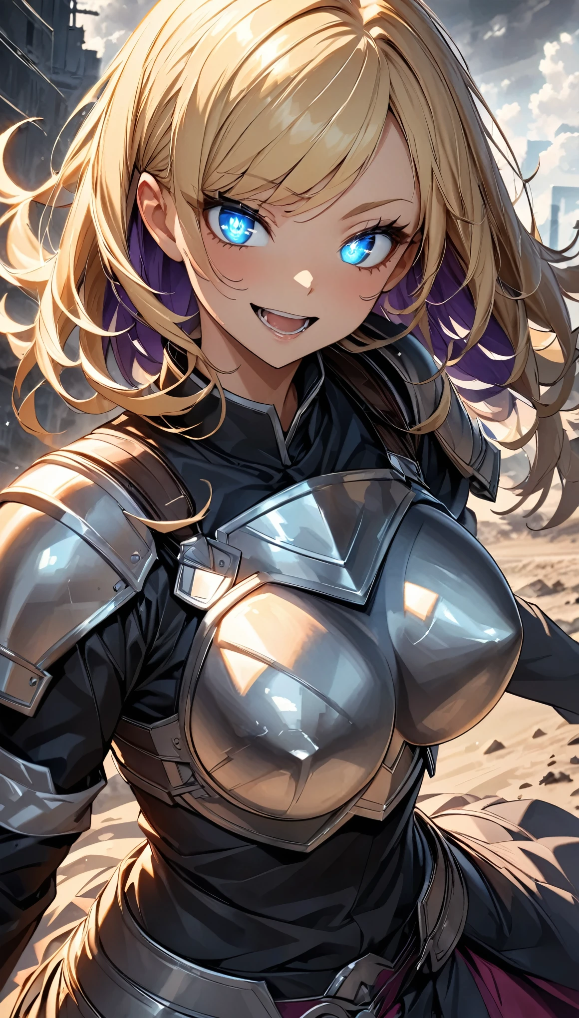 Heroic portrait、Fantasy、Female Knight, 1 Female, Beautiful Skin, Fine skin, vivid hair, Luminous Eyes, JK, Cowboy Shot, Blonde, Bob with a Falling Front, double eyelid, Open your mouth, Crazy smile, (Breast plate、shine、Combat Action:1.4)、Detailed facial features、Strong body lines、Sharp Eye、Demonic、a muscular build、Dynamic pose、Full of energy、A dusty battlefield:1.4、Dark clouds hang over、Dark color palette, (Highest quality:1.2, Very detailed, anime, Attention to detail, Ultra-high resolution, High Contrast, masterpiece:1.2, Highest quality, Best aesthetics),