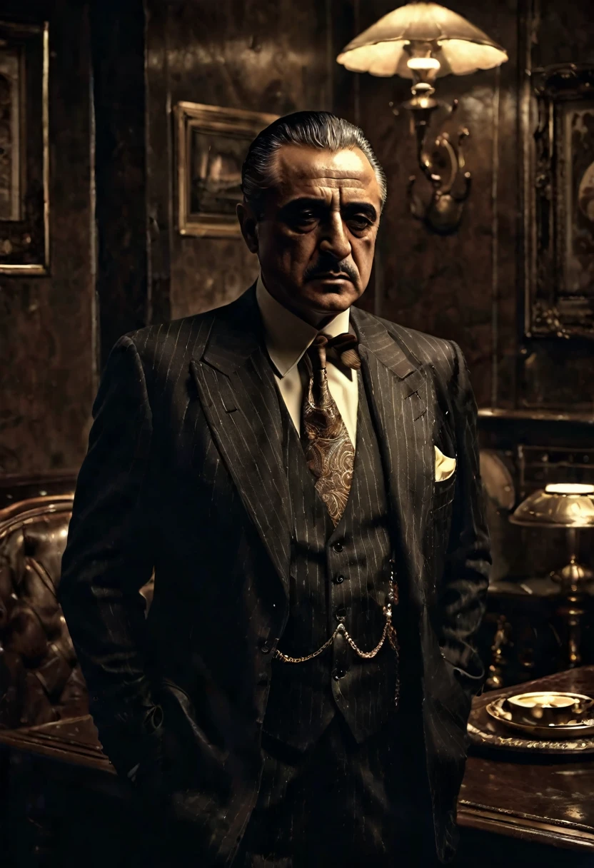 1920s Italian mafia bosses, cigar smoking, dark moody rooms, The Godfather style, (best quality,4k,8k,highres,masterpiece:1.2),ultra-detailed,(realistic,photorealistic,photo-realistic:1.37),dramatic lighting, chiaroscuro lighting, neo-noir, cinematic, moody atmosphere, dramatic shadows, deep contrasts, warm color tones, sepia tones, old film grain, vignette, intricate details, masterfully painted, oil painting, impasto, dramatic poses, intense expressions, sharp focus, ultra-fine details