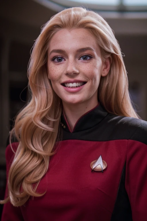Pretty young woman with long blonde hair and freckles. Smiling. Red TNG uniform. (8K, RAW, Professional, Best Quality, Masterpiece: 1.2), (Realistic, PhotoRealistic: 1.37)