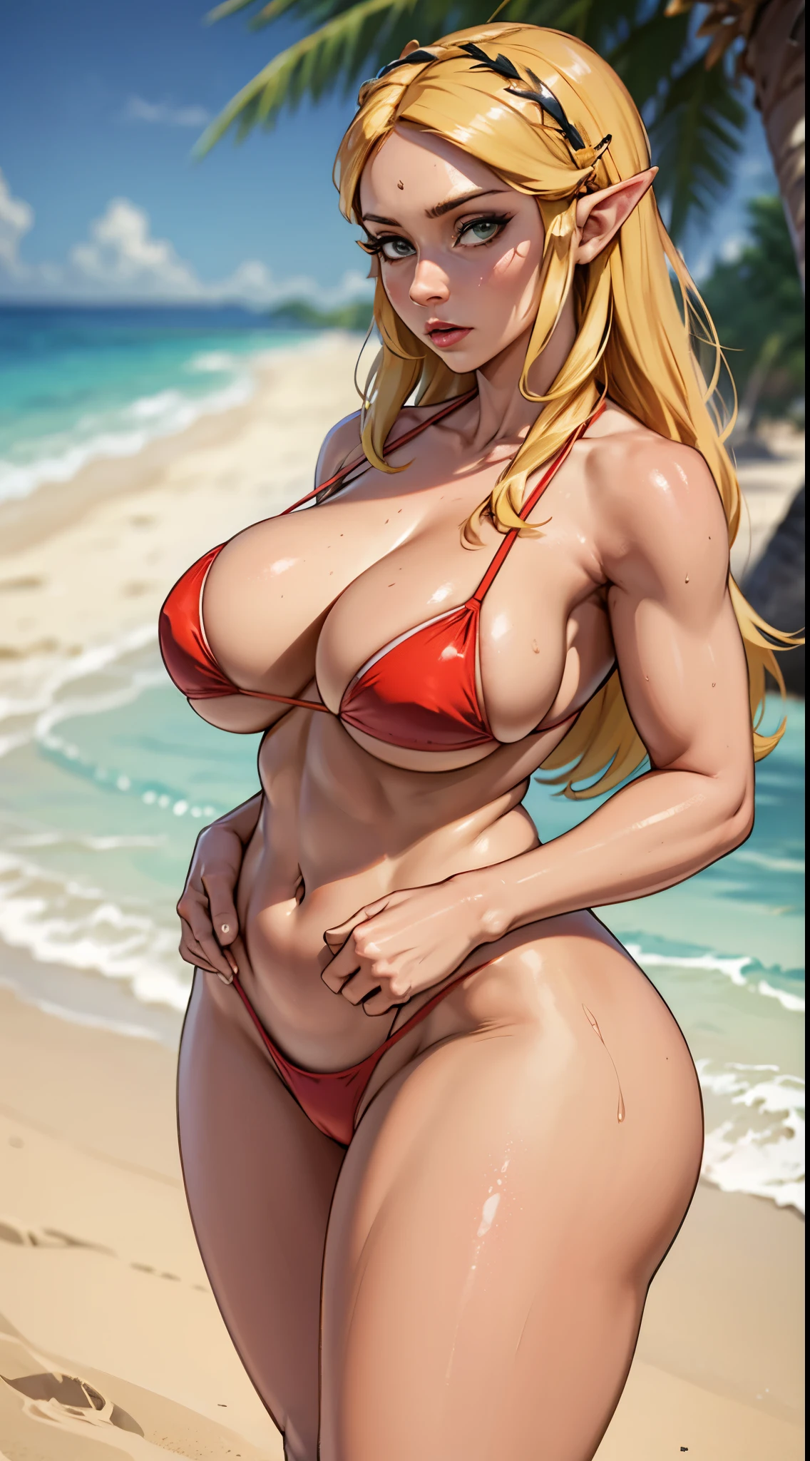 Princess Zelda, posing on a beach, blonde, wearing bikini, voluptuous, large_breast, ample_hips, magnificently detailed accentuated big booty,  (detailed skin:1.4), ultra-detailed, rule of third, symmetrical, cinematic lighting, 