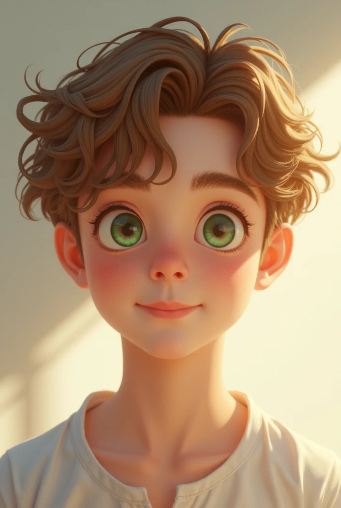 Male teenager with short wavy golden brown hair and light green eyes