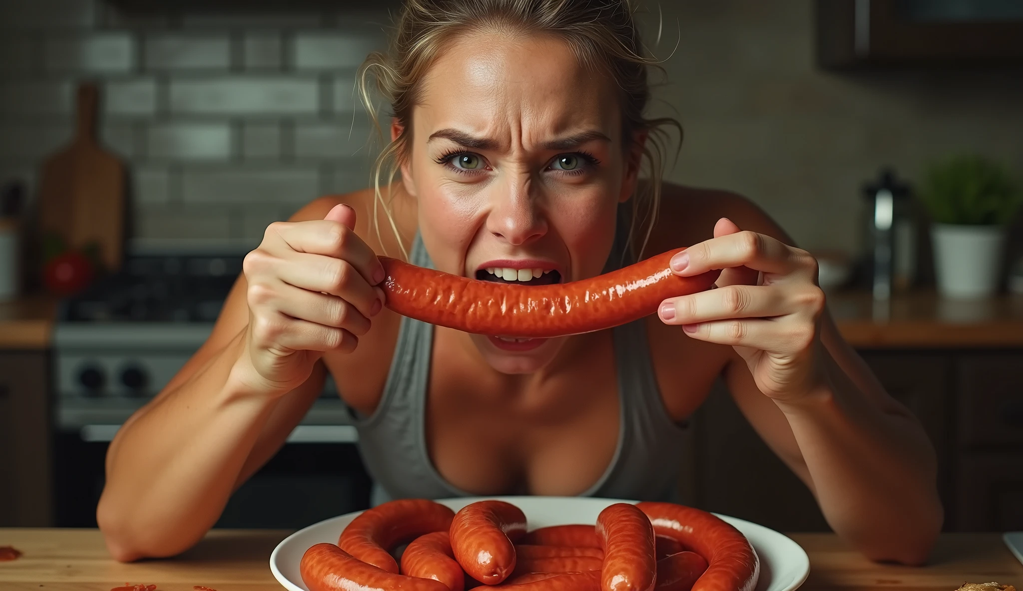 put sausage in mouth,orgasm painful expression,Heaps of sausages in both hands,muscular   woman Eating penis shaped sausage 　battle contest,in kitchen stadium,