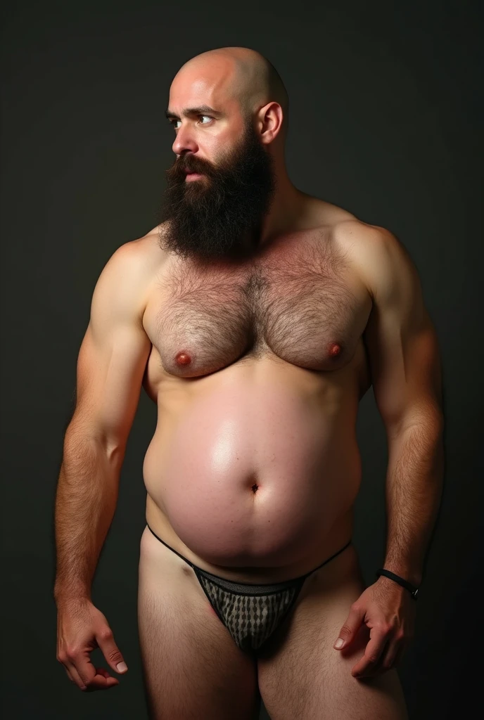 a bearded man with the body of a sexy naked woman with huge breasts and hairy pussy. He is shocked