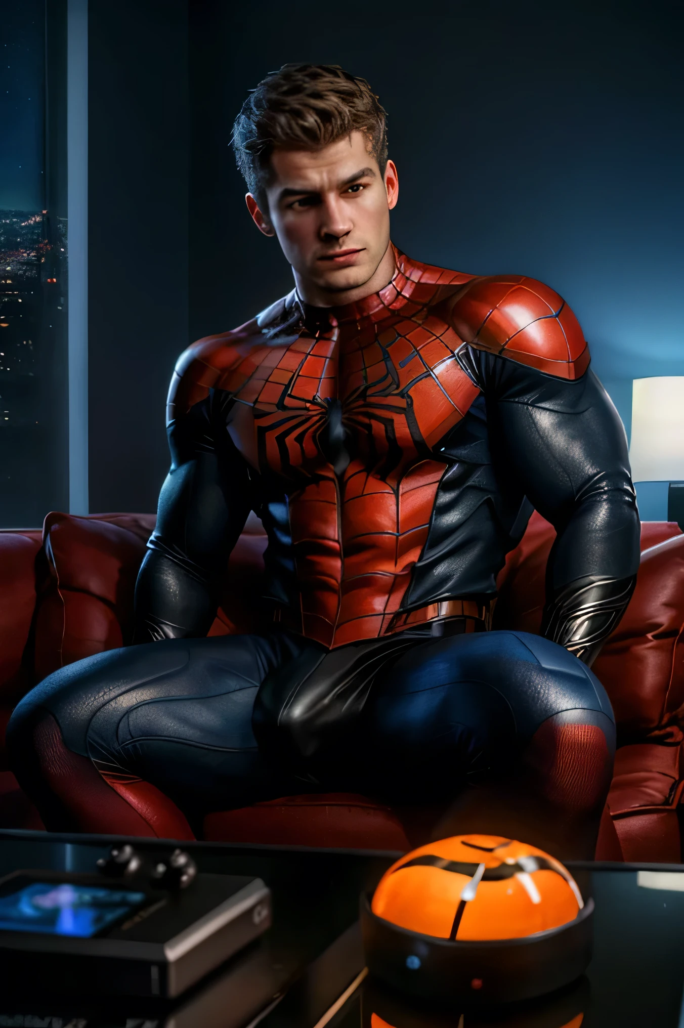 A photo-realistic detailed portrait of Spider-Man sitting on a sofa in his bedroom, playing a video game on a PlayStation console, with a serene and focused expression on his face, (best quality,4k,8k,highres,masterpiece:1.2),ultra-detailed,(realistic,photorealistic,photo-realistic:1.37),HDR,UHD,studio lighting,extreme detail description,professional,vivid colors,concept art