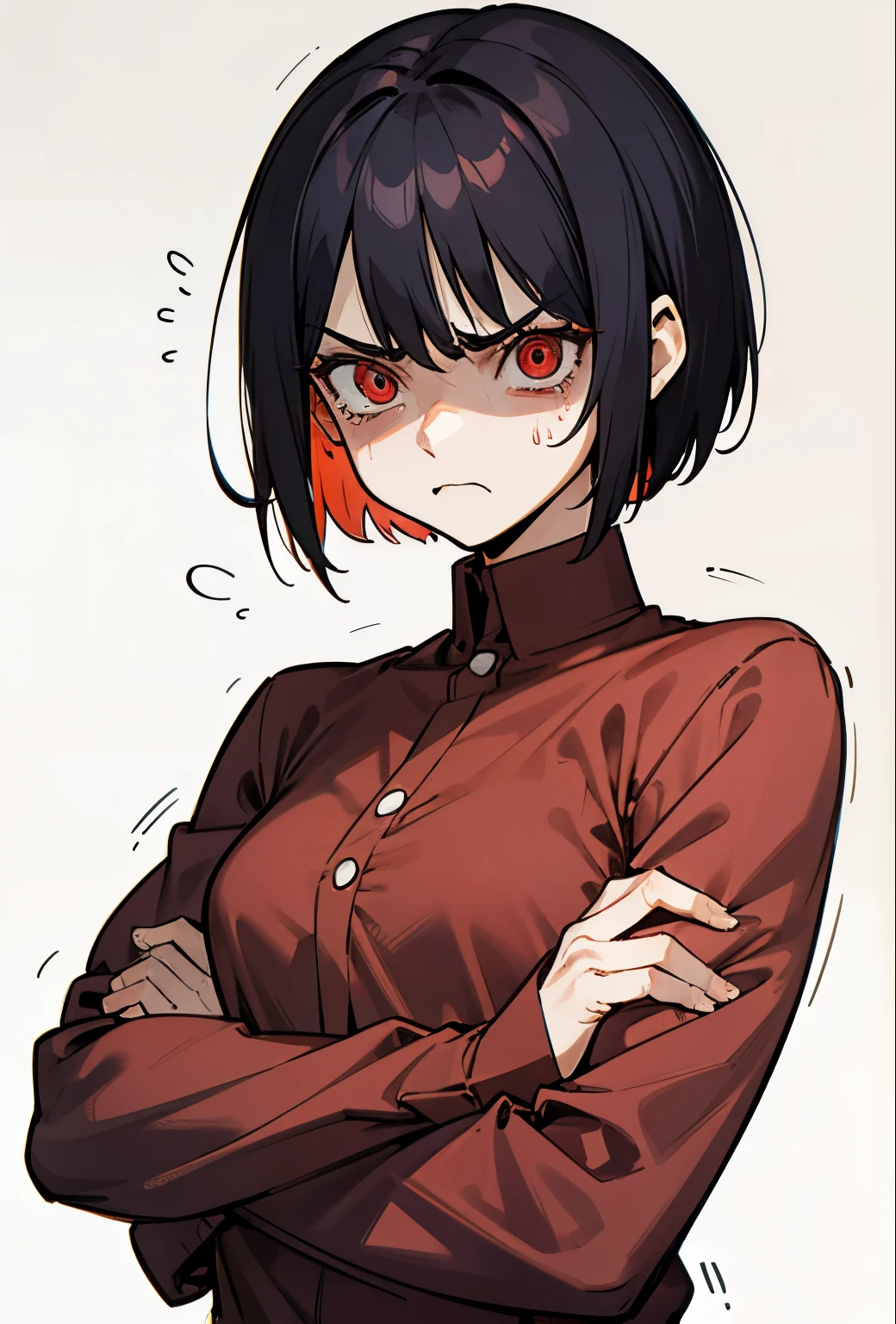 Woman, short hair, red eyes, angry face, tears in her eyes, long-sleeved shirt, muscular, arms crossed, angry, jealous