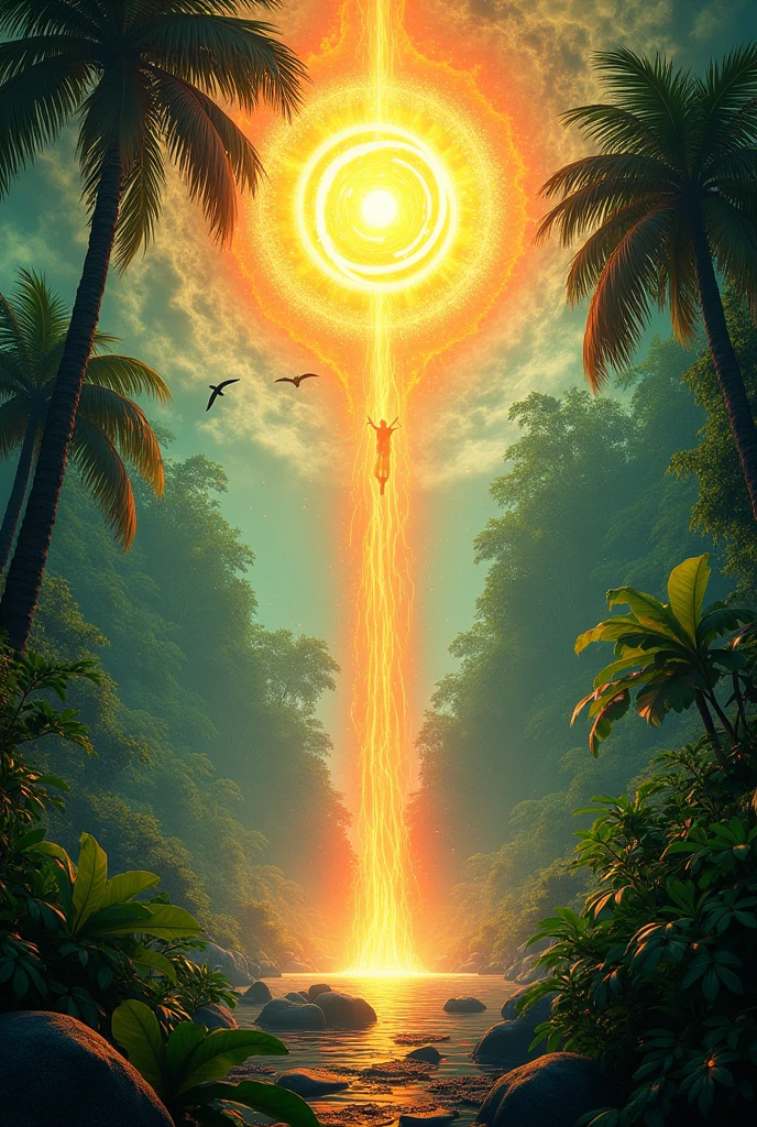 A jungle with. Strong and vibrant colors with sunlight, em 4d
