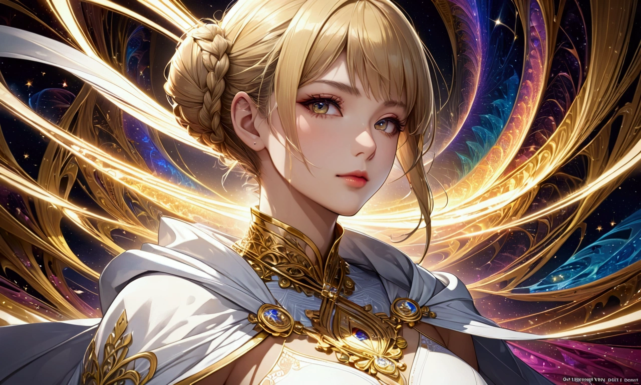 Beautiful Anime Goddess Portrait,(masterpiece, Highest quality, Highest quality, Official Art, beautifully、beautiful:1.2), (One person), Very detailed, (Fractal Art:1.3), colorful, Most detailed, Perfect Face, Upper Body, High resolution, (pray:1.3), (White Cape, Golden line:1.2), milky way,Sea of stars, (Streaks of Light),Magical Patterns, Impressive visuals, (Dynamic Stripes, Light trail:1.2), Vibrant colors, blonde,braided bun hairstyle,Swept-apart bangs