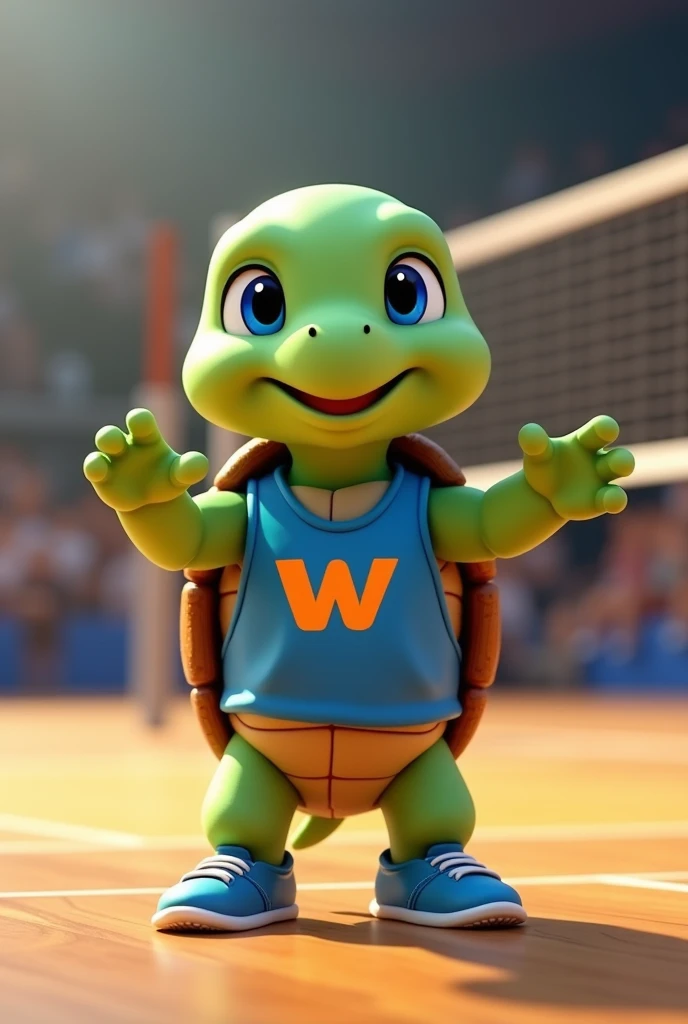 Waku, an adorable turtle with vibrant green skin and a rich brown shell, looks up with bright blue eyes shining with excitement, as if celebrating a triumphant spike, stands on a modern indoor volleyball court with polished wooden floors, waving and introducing himself to the spectators, wearing a blue tank top with a stylized orange lowercase "W" logo on the chest, his tiny tennis shoes laced up and ready for the next service, capturing the essence of his spirit. cheerful and competitive, with soft, warm lighting that casts a comforting glow on the overall scene. He is greeting the public