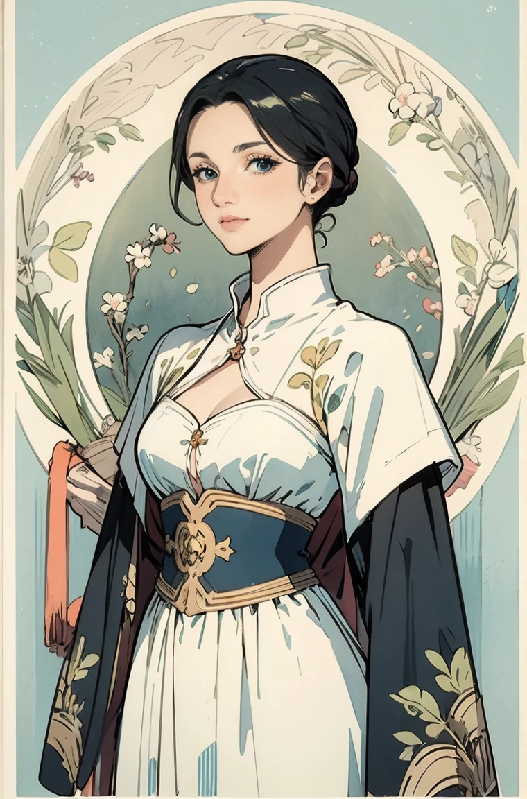 ((master piece)), (best quality), (cinematic), art nouveau watercolor , Floral_background, Intricate designs and patterns in the style of Alphonse Mucha,Artoria Pendragon,Fate/stay night