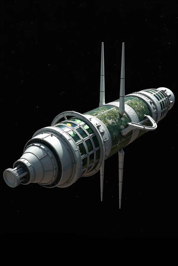 "A detailed 3D render of an O'Neill Cylinder 'Island Three' space habitat. Huge cylindrical structure floating in space, approximately 5 miles in diameter and 20 miles long. Metallic grey exterior with a large circular cap at one end. Three long, thin support struts extend from a ring structure at the opposite end. The cylinder has alternating strips of window panels and solid hull along its length. Visible interior through windows shows a curved landscape with green areas and water. Black space background with distant stars. Highly detailed, realistic sci-fi aesthetic, official concept art style."