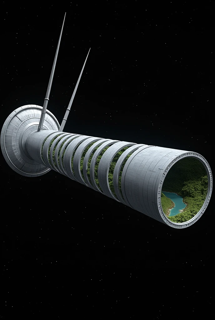 "A detailed 3D render of an O'Neill Cylinder 'Island Three' space habitat. Huge cylindrical structure floating in space, approximately 5 miles in diameter and 20 miles long. Metallic grey exterior with a large circular cap at one end. Three long, thin support struts extend from a ring structure at the opposite end. The cylinder has alternating strips of window panels and solid hull along its length. Visible interior through windows shows a curved landscape with green areas and water. Black space background with distant stars. Highly detailed, realistic sci-fi aesthetic, official concept art style."