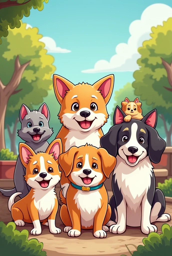 Hello, I need a cartoon figure please, of several dogs of different breeds