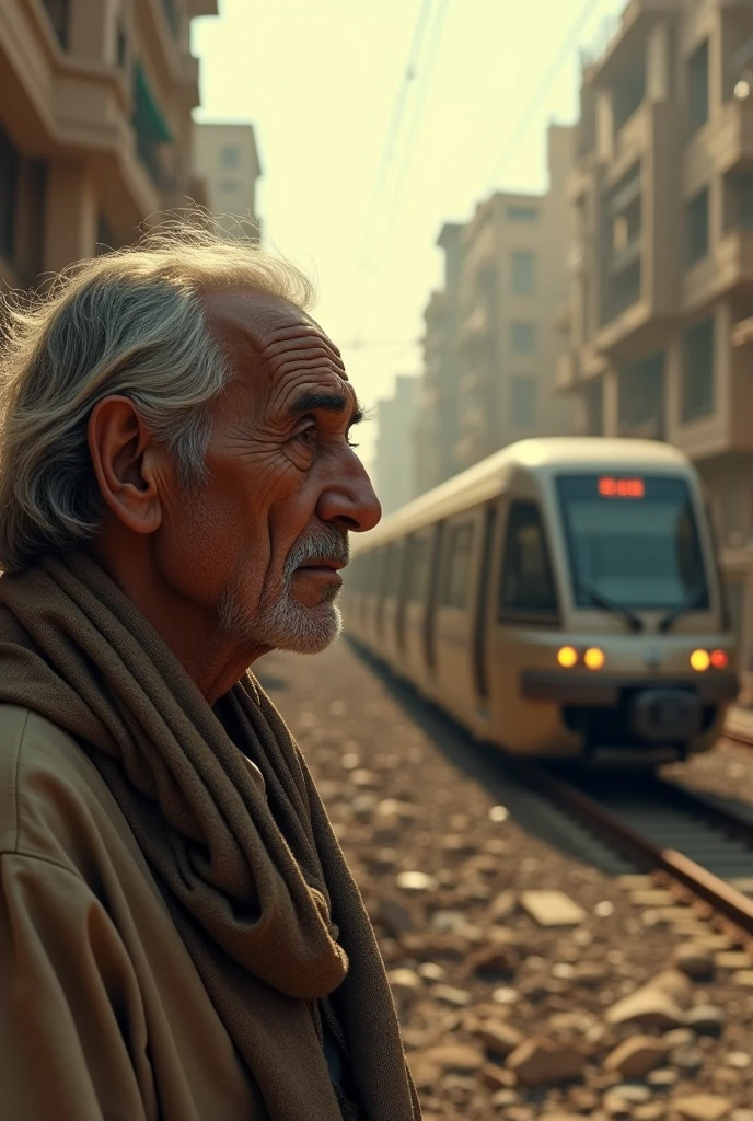 An old and tired poor Egyptian man, detailed face showing signs of age and fatigue, looking at the monorail train, with dilapidated old buildings in the background, (best quality,4k,8k,highres,masterpiece:1.2),ultra-detailed,(realistic,photorealistic,photo-realistic:1.37),extremely detailed eyes and face,longeyelashes,worn clothes,weathered skin,weary expression,monorail train station,derelict buildings,urban landscape,warm color tones,dramatic lighting,cinematic composition