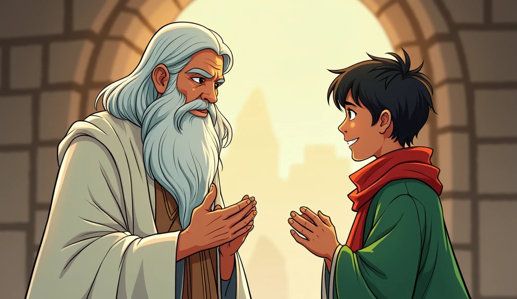 Comic style. Arav, maintaining his youthful appearance, bows respectfully as Sage Bhaskar greets him. Arav's expression is a mix of respect and curiosity. He’s dressed in his green cloak, with the red scarf clearly visible. The sage, with his long white beard and blue eyes, gestures for Arav to enter, his white robes flowing gently.
