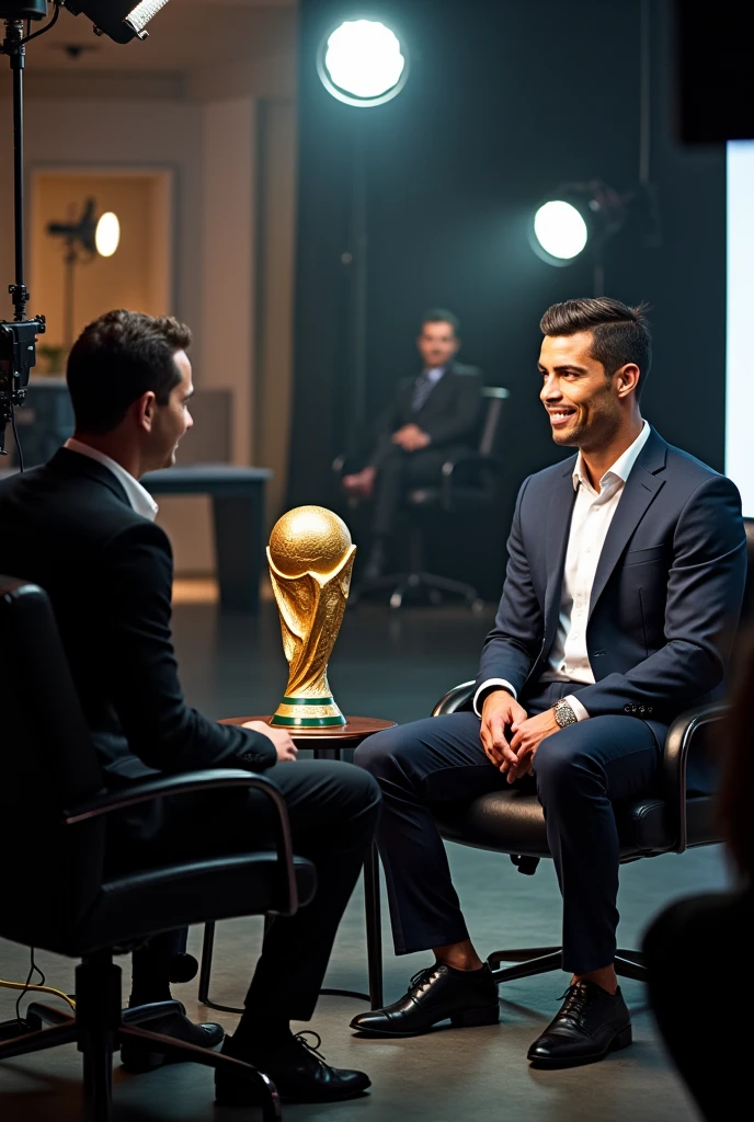 Cristiano Ronaldo is sitting in the studio with YouTuber Speed ​​and next to Cristiano Ronaldo is the World Cup