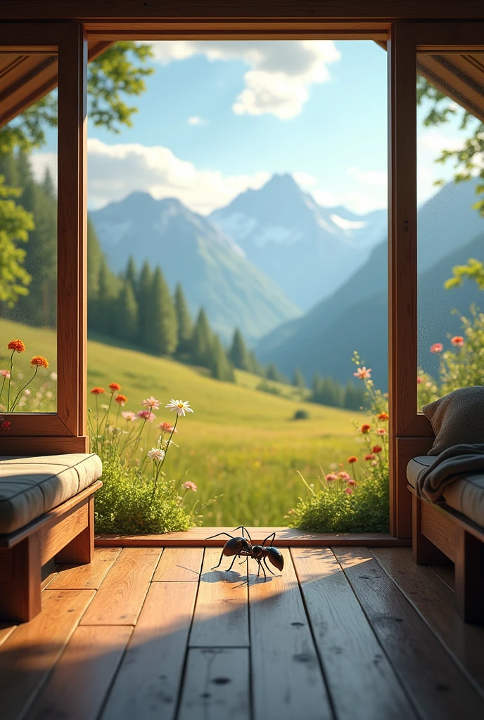 A ant in a mountain House in background  big medows view with big glass