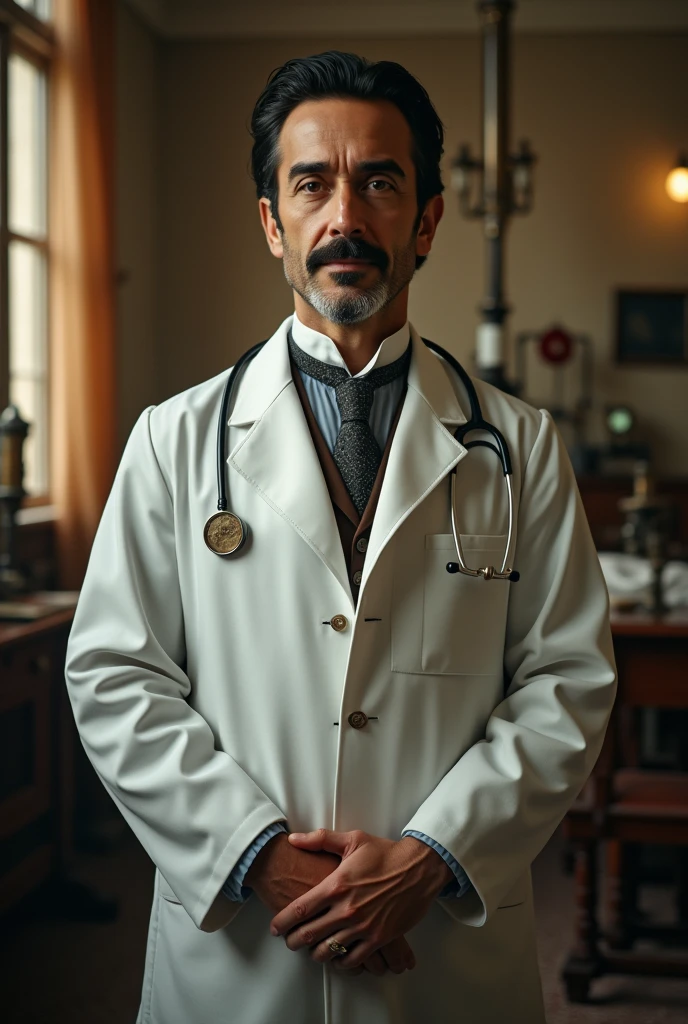 A portrait of a middle-aged man with a gentle face and jet-black hair, dressed in crisp 19th century medical attire, stands confidently, his hands clasped together as he gazes intently at the camera, the warm lighting of the hospital hallway casting a soft glow on his features. Steam punk
