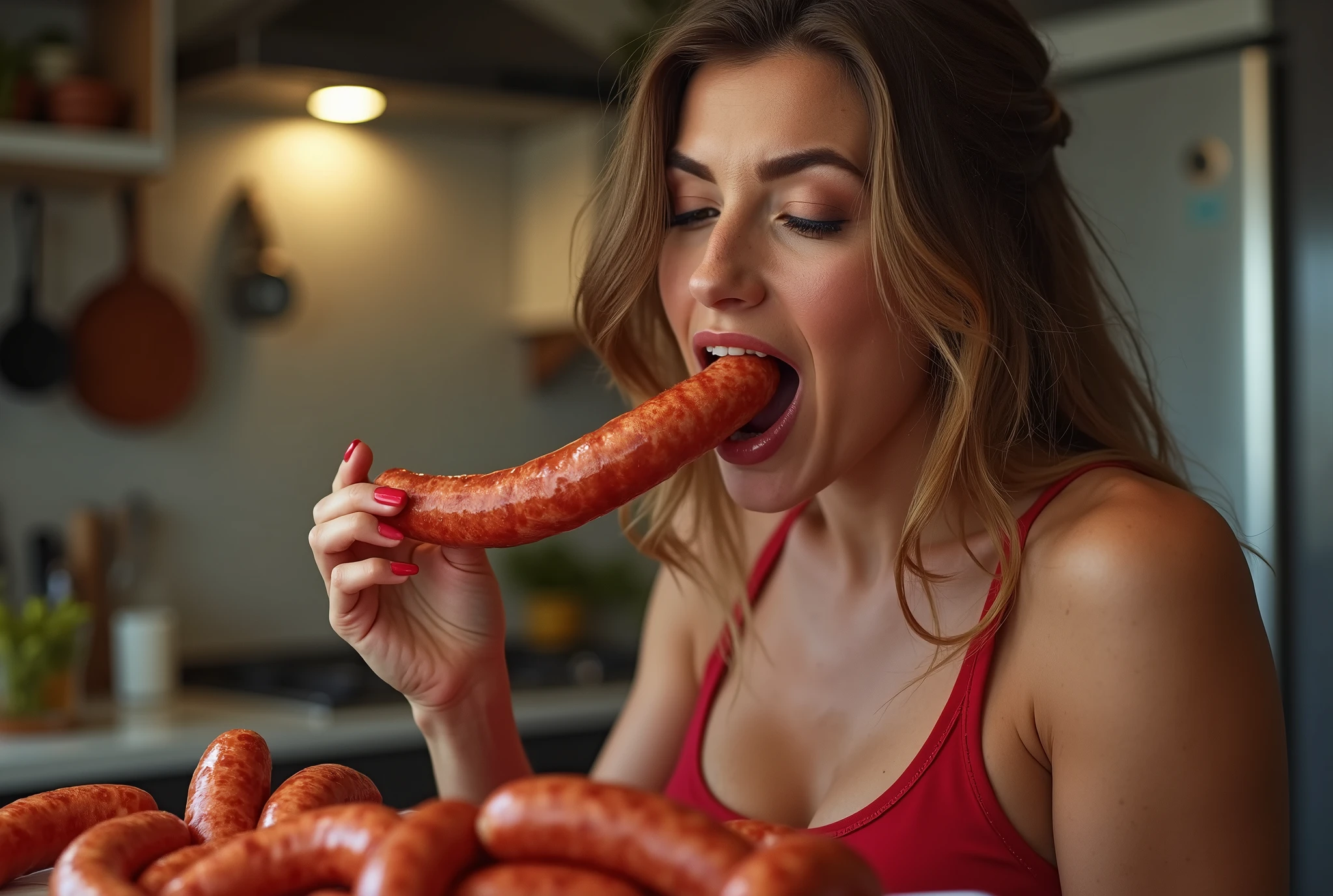 put sausage in mouth,orgasm expression,Heaps of sausages in both hands,muscular woman Eating penis shaped sausage battle contest,in kitchen stadium,