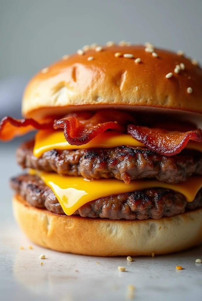 backgroundless image containing a gourmet burger with only one meat, sliced cheddar cheese and bacon strips. French bread. without lettuce and tomato