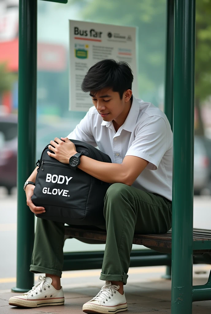 Malaysia man average 1. age man , wear white collar clothes. Black belt. Dark green long pants. Holding body glove bag ,dirty white converse shoes. Sitting on the bus stops. Figure four lock. Wear g shocked watch.