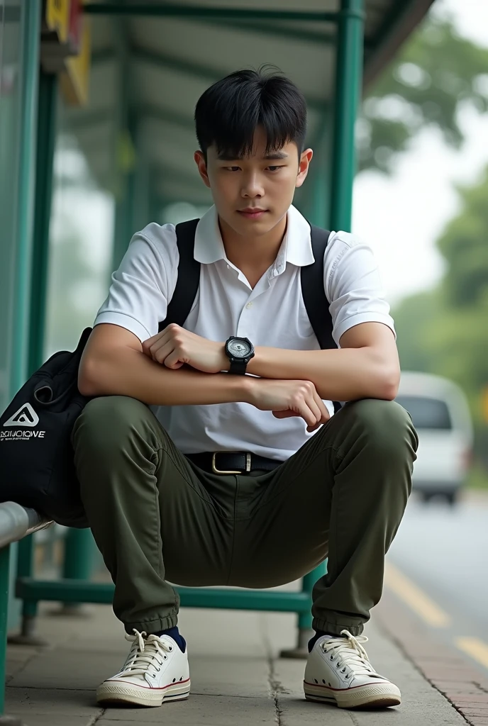 Malaysia man average 1. Teenage man , wear white collar clothes. Black belt. Dark green long pants. Holding body glove bag ,dirty white converse shoes. Sitting on the bus stops. Figure four lock. Wear g shocked watch.