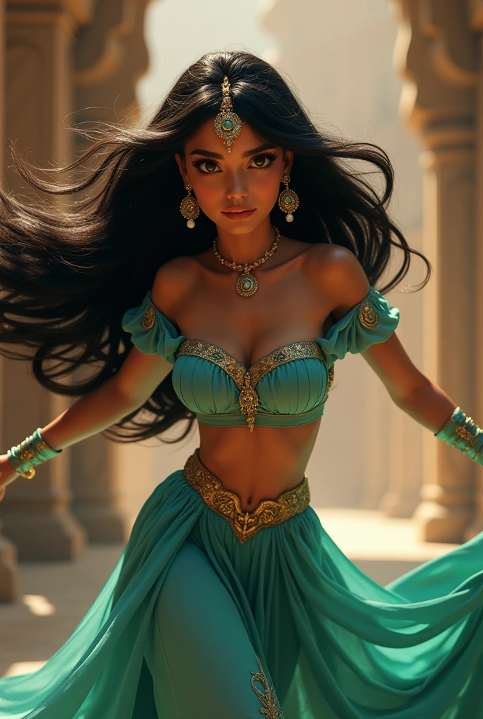 Stunning Princess Jasmine, photo in 8k, in action, cinematic.
