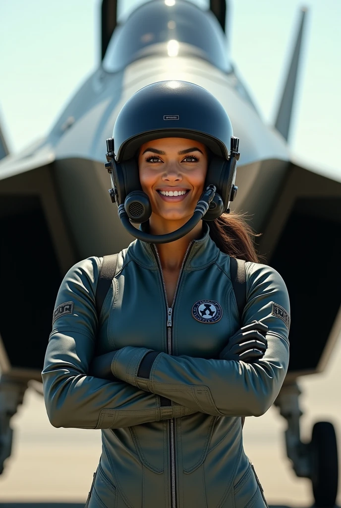Priyanka chopra wearing a fighter pilot suit, wearing a fighter pilot helmet, wearing oxygen mask, climbing a f22, full body view, facing diagonally, smiling, arms crossed