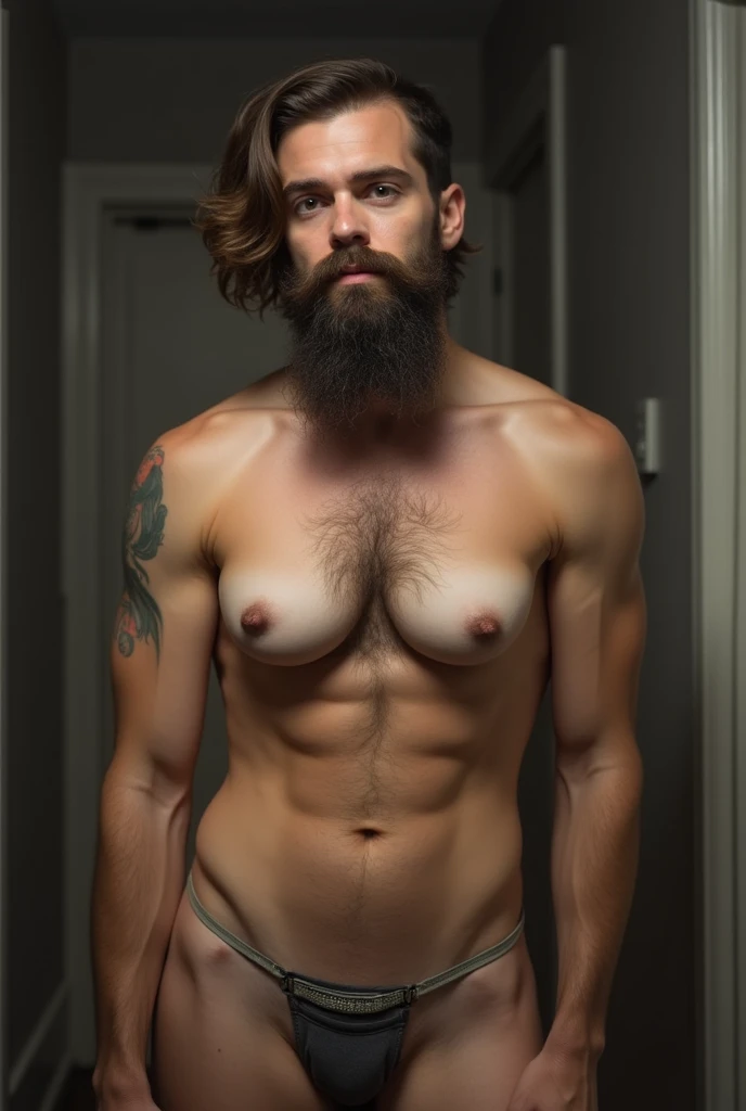a bearded man with the body of a sexy naked woman with huge breasts and hairy pussy. He is shocked