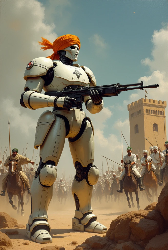 An old artistic painting shows a view where a robo in white glossy steal and saffron turban on top and having m242 bushmaster machine gun contains tripod on a archis archertower. Firing on a lakhs big enemy afghans army with white and green turban on horse having spears and swords coming from front side towards him to attack on him, and that army leader is seated on howdah on big mamoths wearing green crown.