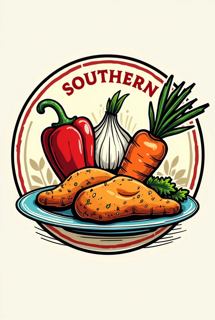 I want an image of the following I just want a simple illustration like a brand or logo of the following name that I want the image to have,Southern pickles, Circular design with illustrations in super vivid colors of a Chile onion,carrot and with a plate of fried chicken on the side
