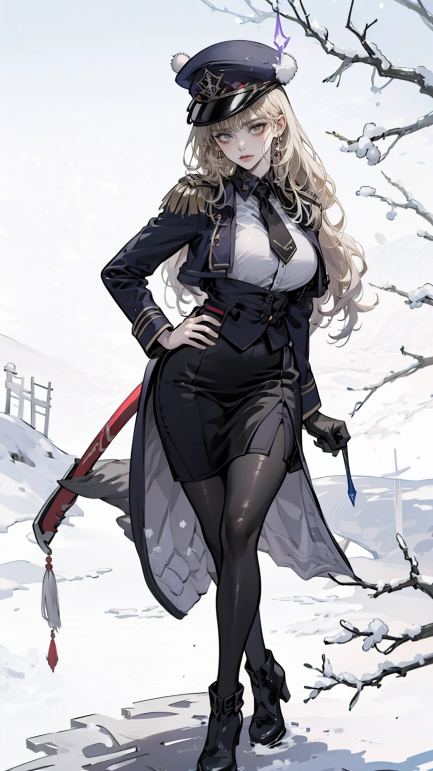 Mature beautiful woman,(Highest quality,Extremely detailed depiction,Incredible high resolution,Anatomically accurate depiction,Curvy Legs,Glowing Skin,Porcelain-like skin,Perfect body),(Sexy Female Soldier,uniform,Pencil Skirt,High heels,black tights,Hats for the winter,latex,Heavy coat,Winter Gear),eyelash,Flashy makeup,eye shadow,Intense glowing purple eyes,Half a point.4,Large Breasts,Glossy pink lips,Shadowed face,Captivating smile,whole body:1.2,(background:Snowfield:1.3),Snow Scene,that&#39;it&#39;s snowing,Side view:1.3
